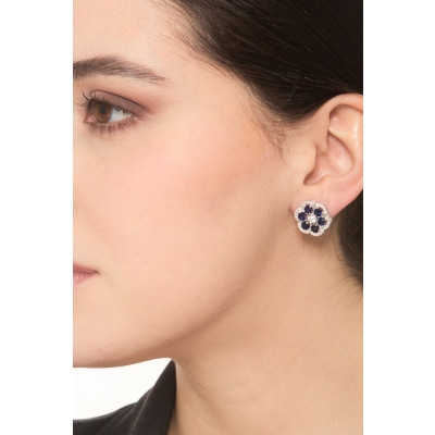 Pendientes oro 18k con flor zafiros azules y diamantes