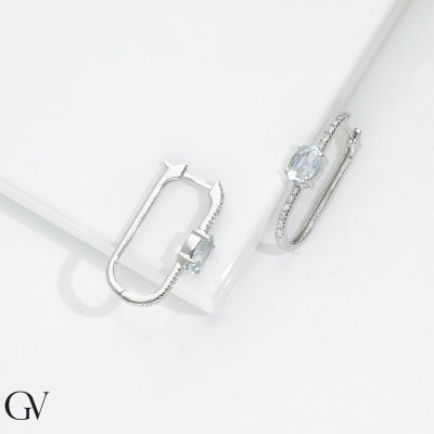 Pendientes ovalados en oro blanco 750 con diamantes y aguamarinas