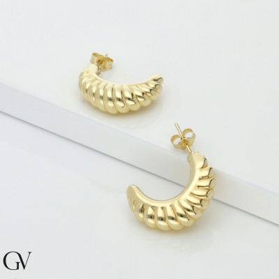 Pendientes de Media Luna Rayada en Oro Amarillo 750