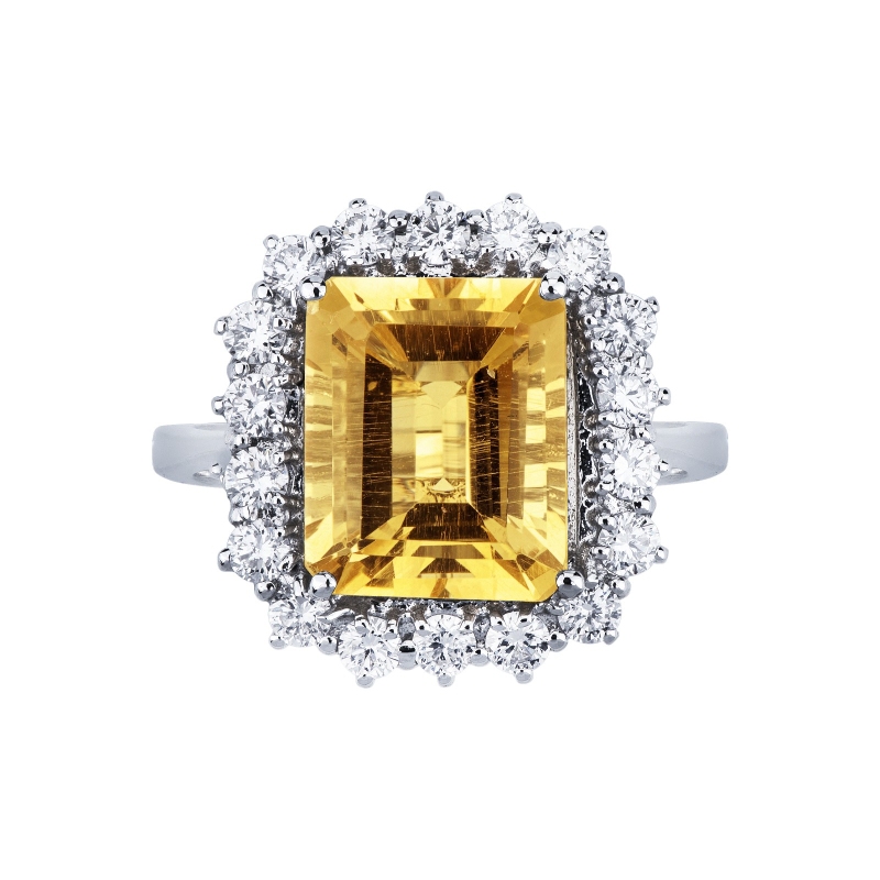 Anillo Halo en oro blanco de 18k con diamantes y citrino rectangular Anillo Halo en oro blanco de 18k con diamantes y citrino rectangular