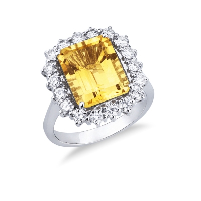 Anillo Halo en oro blanco de 18k con diamantes y citrino rectangular