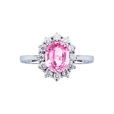Anillo halo en oro blanco 750 con zafiro rosa y diamantes