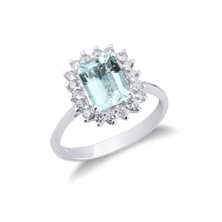 Anillo contorno en oro blanco de 18k con diamantes y aquamarina