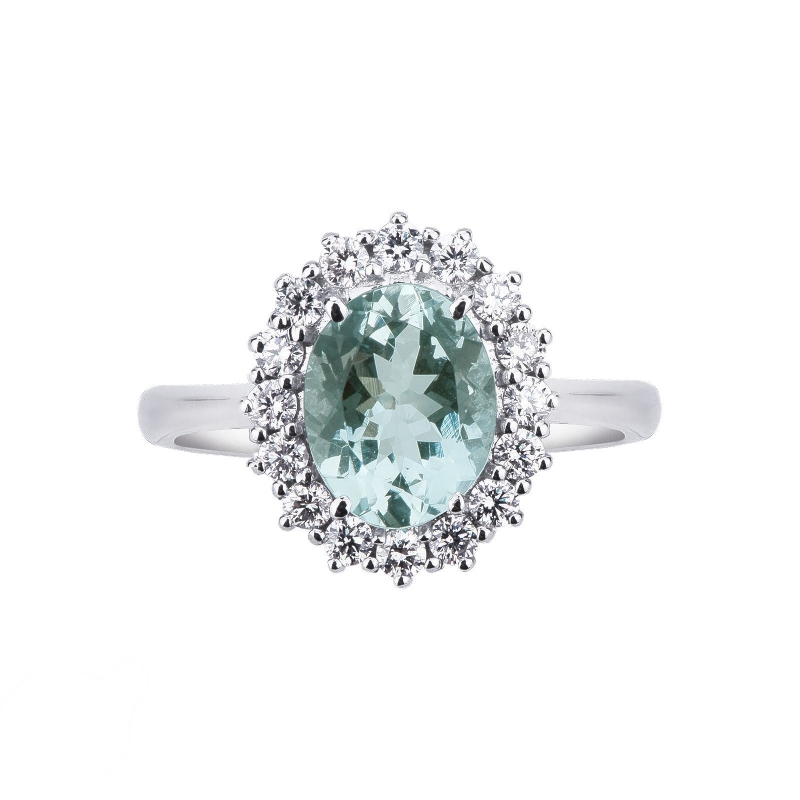 Anillo contorno en oro blanco de 18k con centro de aquamarina y diamantes Anillo contorno en oro blanco de 18k con centro de aquamarina y diamantes