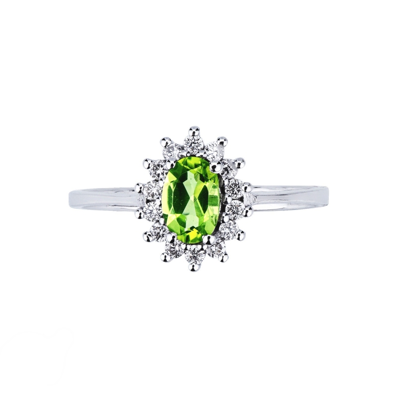Anillo en oro blanco 18k con peridoto ovalado y diamantes
