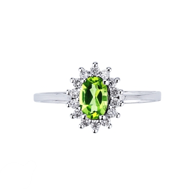 Anillo en oro blanco 18k con peridoto ovalado y diamantes