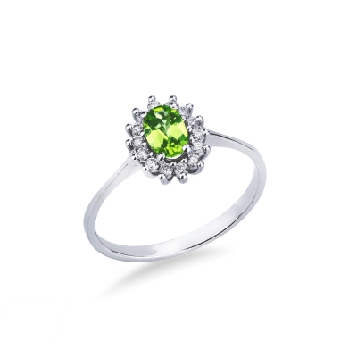 Anillo en oro blanco 18k con peridoto ovalado y diamantes