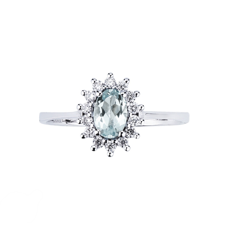 Anillo halo en oro blanco 18k con aguamarina y diamantes Anillo halo en oro blanco 18k con aguamarina y diamantes