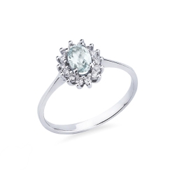 Anillo halo en oro blanco 18k con aguamarina y diamantes