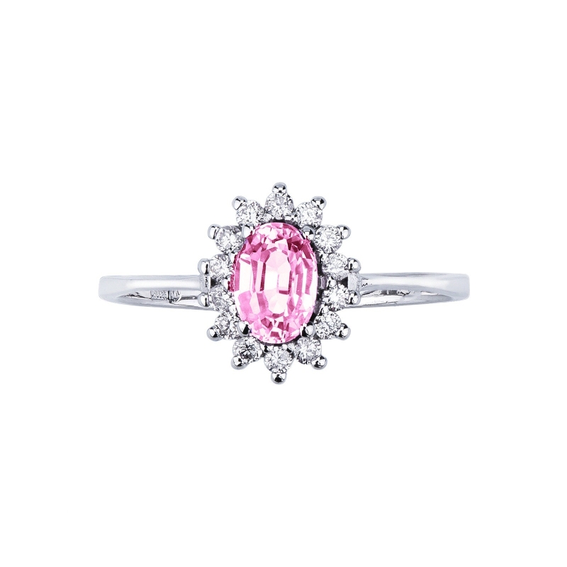 Anillo halo clásico en diamantes en oro blanco 18k con zafiro rosa