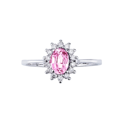Anillo halo clásico en diamantes en oro blanco 18k con zafiro rosa