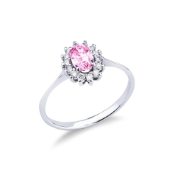Anillo halo clásico en diamantes en oro blanco 18k con zafiro rosa