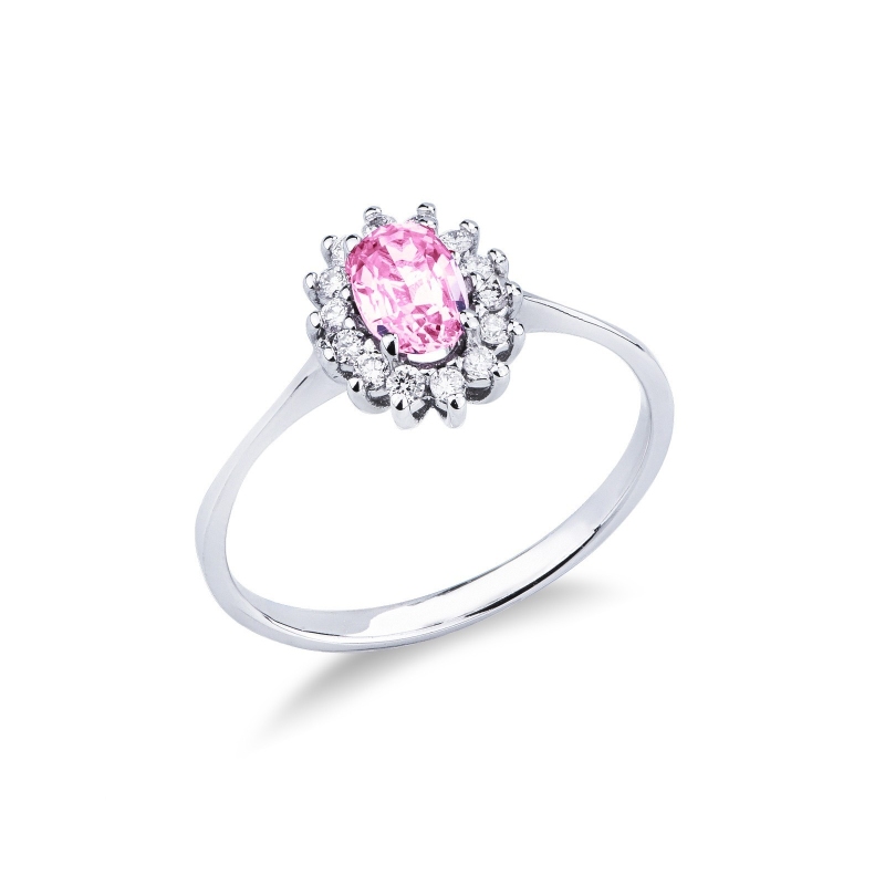 Anillo halo clásico en diamantes en oro blanco 18k con zafiro rosa