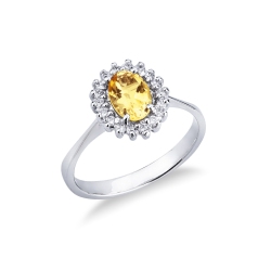 Anillo en oro blanco 18k con citrino ovalado y diamantes