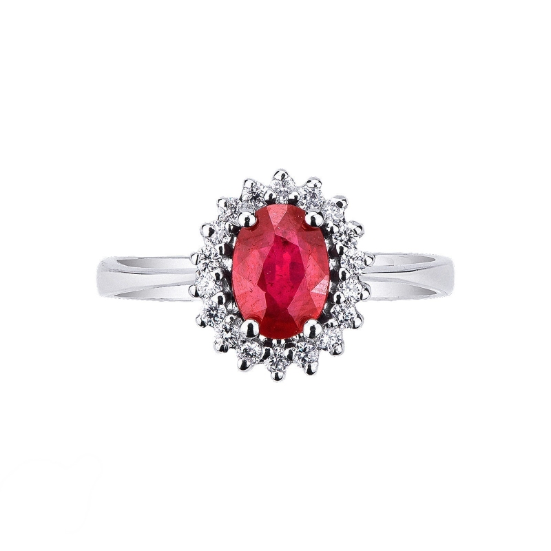 Anillo de oro blanco de 18 kilates engastado con un rubì talla oval  Anillo de oro blanco de 18 kilates engastado con un rubì talla oval