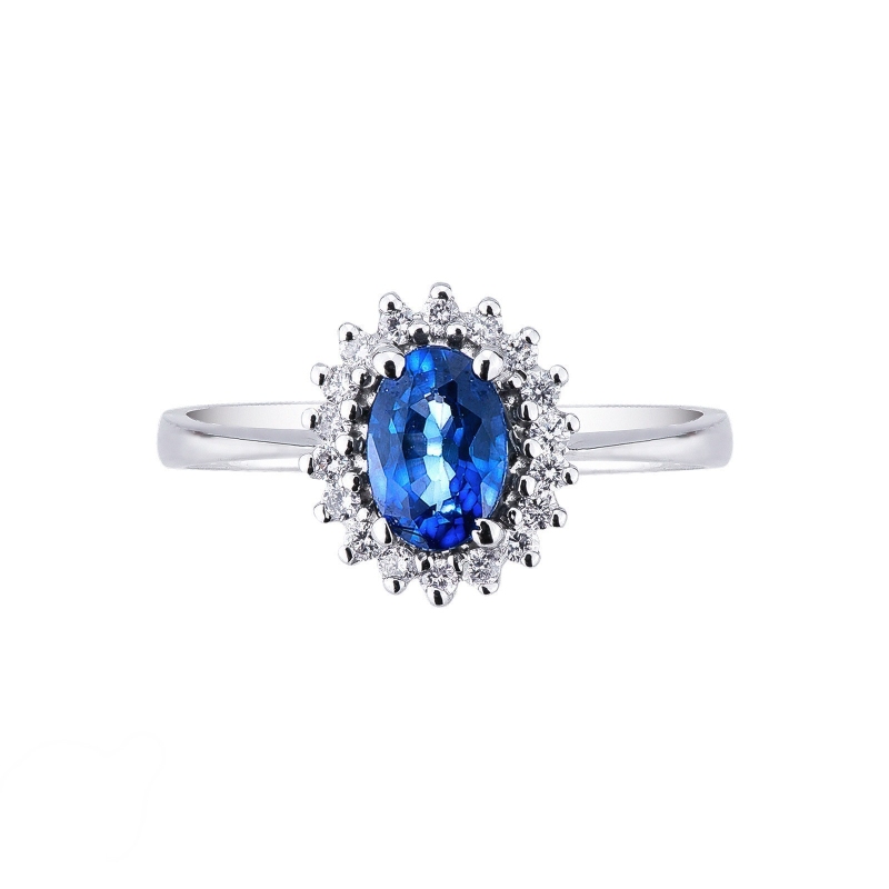 Anillo de oro blanco de 18 kilates con diamantes y zafiro azul ovalado Anillo de oro blanco de 18 kilates con diamantes y zafiro azul ovalado