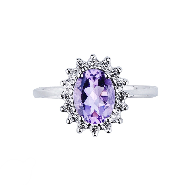 Anillo halo en oro blanco de 18 quilates con amatista ovalada Anillo halo en oro blanco de 18 quilates con amatista ovalada
