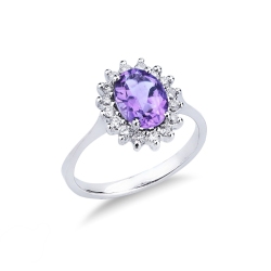 Anillo halo en oro blanco de 18 quilates con amatista ovalada