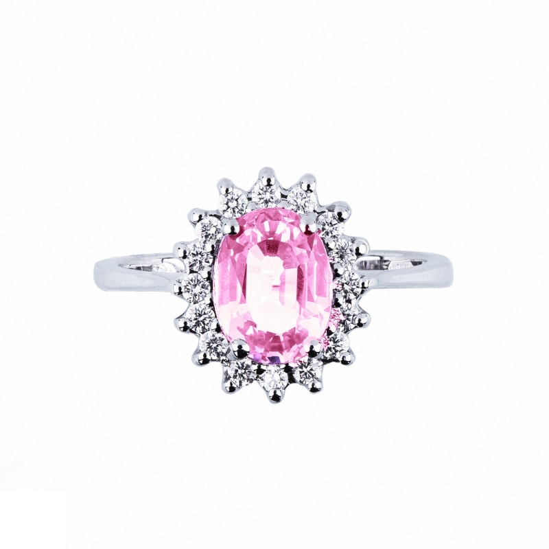 Anillo en oro blanco 18k con zafiro rosa y diamantes