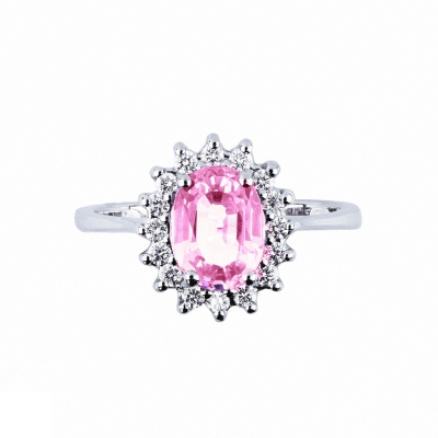 Anillo en oro blanco 18k con zafiro rosa y diamantes