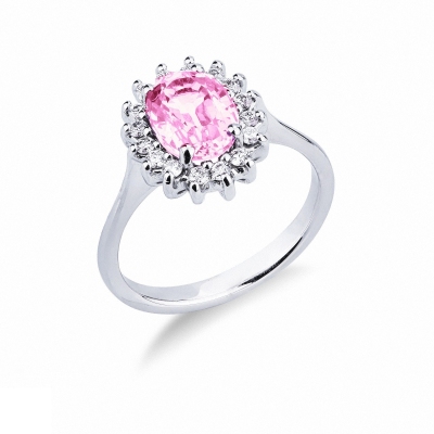 Anillo en oro blanco 18k con zafiro rosa y diamantes