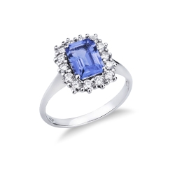 Anillo halo en oro blanco de 18k con tanzanita rectangular y diamantes