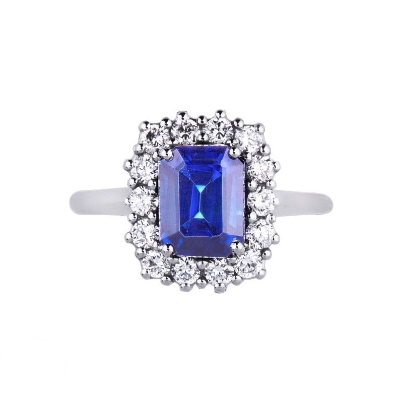 Anillo Halo en oro blanco con zafiro azul y diamantes