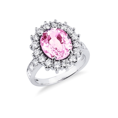 Anillo halo en oro blanco 18k con zafiro rosa y diamantes 