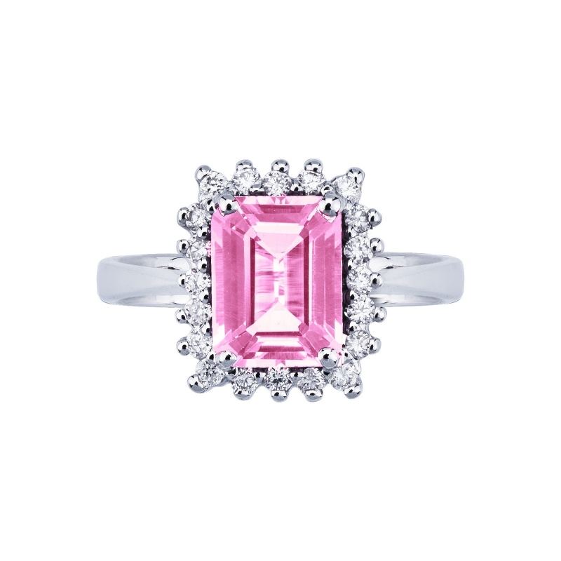 Anillo en oro blanco con zafiro rosa y halo de diamantes Anillo en oro blanco con zafiro rosa y halo de diamantes