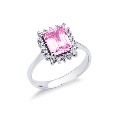 Anillo en oro blanco con zafiro rosa y halo de diamantes