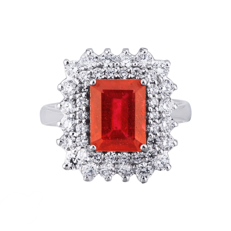 Anillo Halo en oro blanco 18k con rubí y diamantes