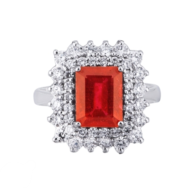 Anillo Halo en oro blanco 18k con rubí y diamantes