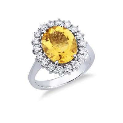 Anillo halo en oro blanco 18k con citrino ovalado y diamantes