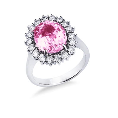 Anillo Lady Diana en oro blanco 18k con zafiro rosa y diamantes