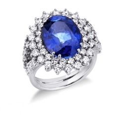Anillo contorno clásico en oro blanco 18k con zafiro azul y diamantes