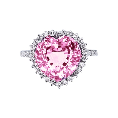 Anillo en Oro Blanco 18k con Zafiro Rosa en Forma de Corazón y Diamantes