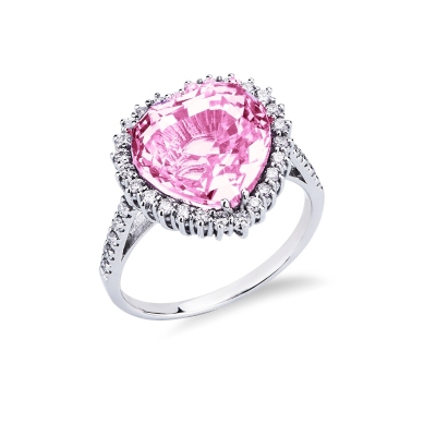 Anillo en Oro Blanco 18k con Zafiro Rosa en Forma de Corazón y Diamantes