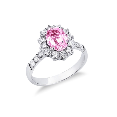 Anillo en oro blanco de 18k con zafiro rosa ovalado y diamantes