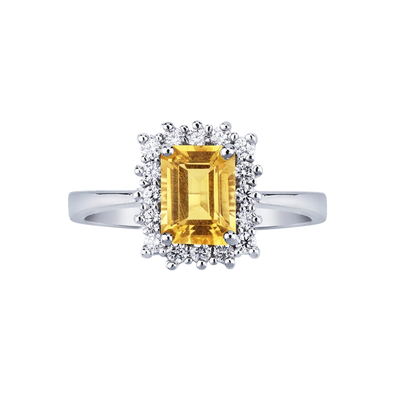 Anillo en oro blanco 18k con citrino rectangular y diamantes