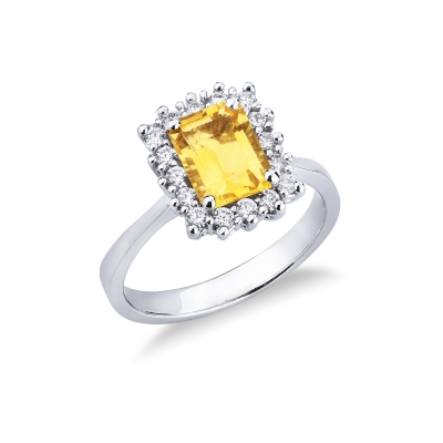 Anillo en oro blanco 18k con citrino rectangular y diamantes