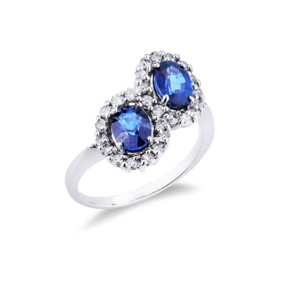Anillo oro blanco 18 quilates con doble halo y zafiros azules