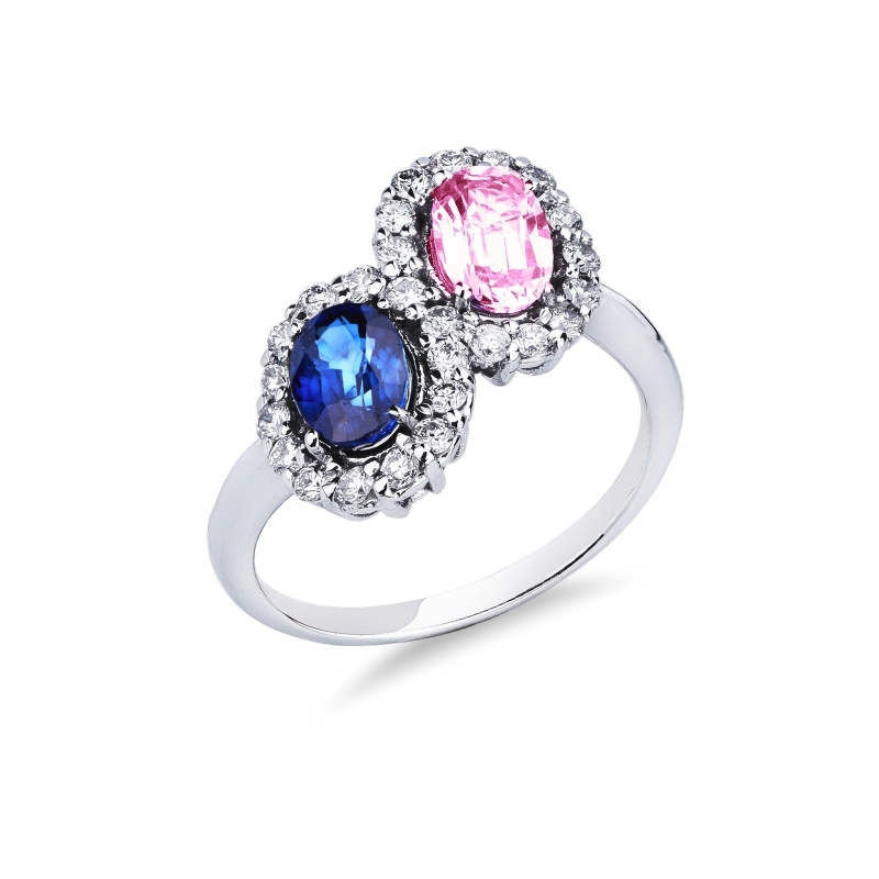 Anillo halo doble en oro blanco 18k con zafiros rosa y azul