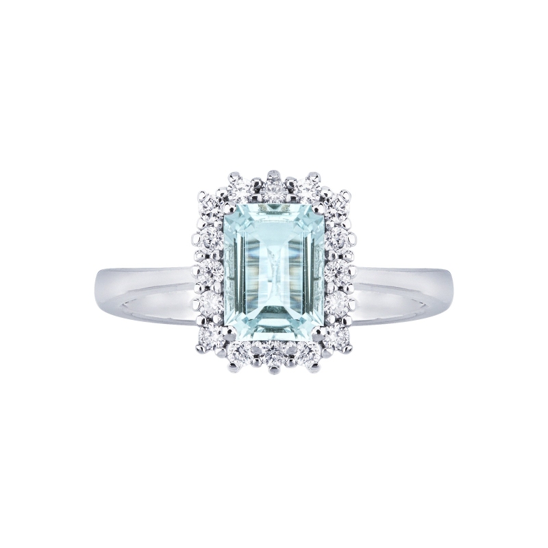 Anillo halo en oro blanco de 18 quilates con una aguamarina   Anillo halo en oro blanco de 18 quilates con una aguamarina