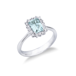 Anillo halo en oro blanco de 18 quilates con una aguamarina