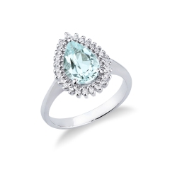 Anillo en oro blanco 18k con aquamarina gota halo diamantes