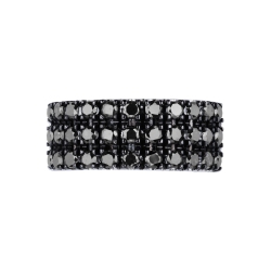 Anillo de banda en oro blanco de 18k con 3 filas de diamantes negros y puntas brunidas 2
