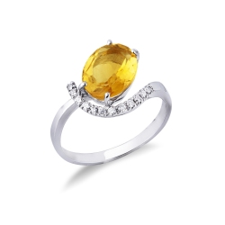Anillo oro blanco 18k con citrino ovalado y diamantes