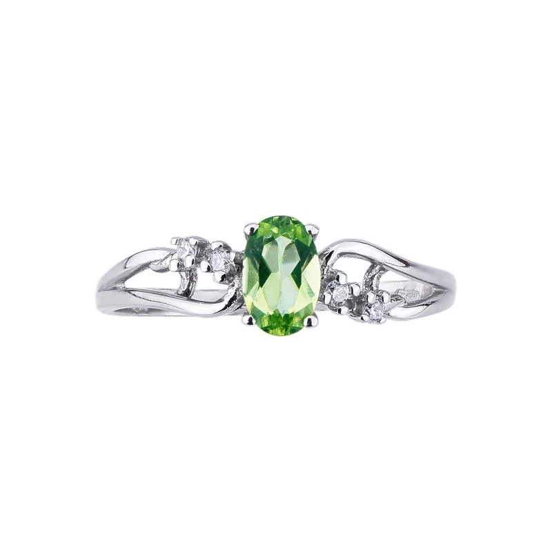 Alianza Oro Blanco 18K con Peridoto oval y diamantes  Alianza Oro Blanco 18K con Peridoto oval y diamantes