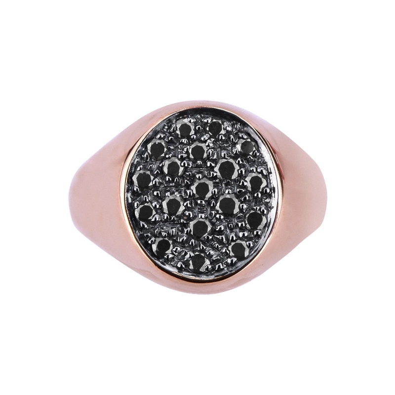 Anillo en oro rosa de 18k con pavé de diamantes negros y puntas brunidas