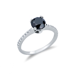 Anillo solitario en oro blanco de 18k con diamante negro y diamantes blancos